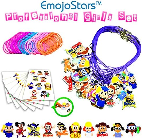 EmojoStars 75pc Emoji Theme Girls Toy Novelty Set, Necklaces, Stickers, Bracelets Favor Set for Children's Parties