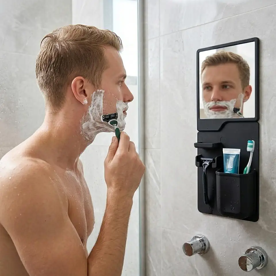 Espelho Portátil para Barbear com Suporte Flexível em Silicone Preto e Fixação Sem Furo
