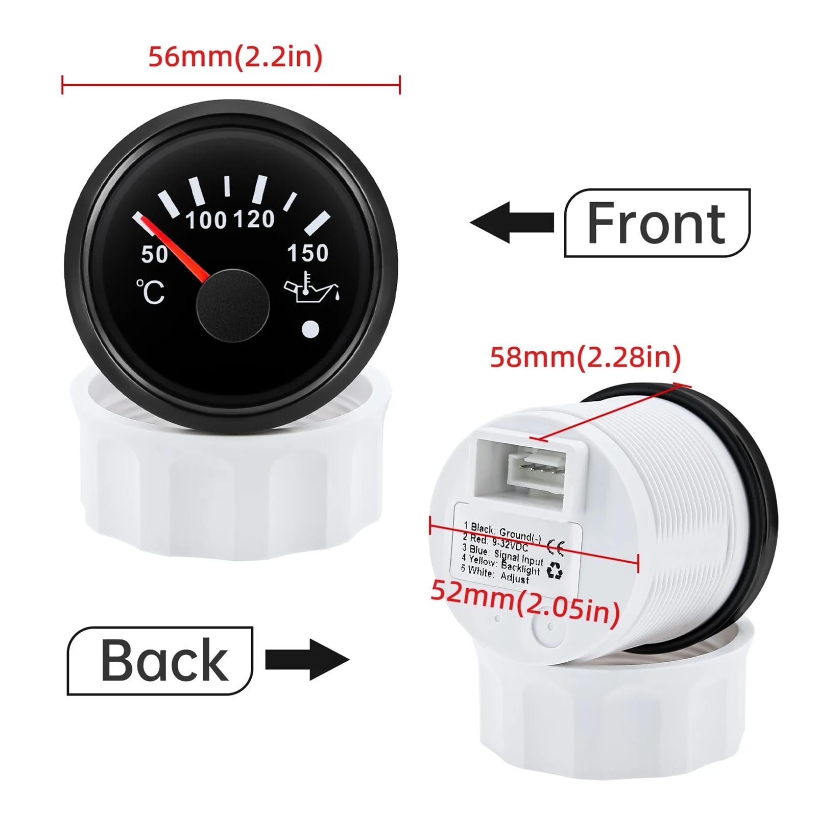 Wskaźnik temperatury oleju z 7 kolorami światła i migającym alarmem, miernik temperatury oleju LED 52 mm + czujnik 1/8NPT do łodzi samochodowej Wysoka widoczność(Black)