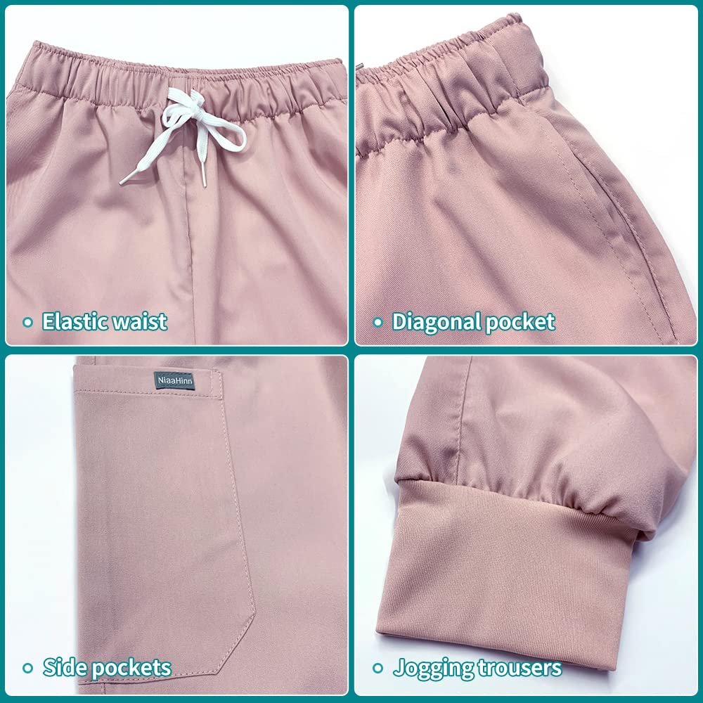Women's Jogger Scrub Set with Pocket Medical Uniforms Include V-Neck Scrub Top and Pant Fitted Stretch Scrub Set-12 Color (Chalk Pink,L,Large)