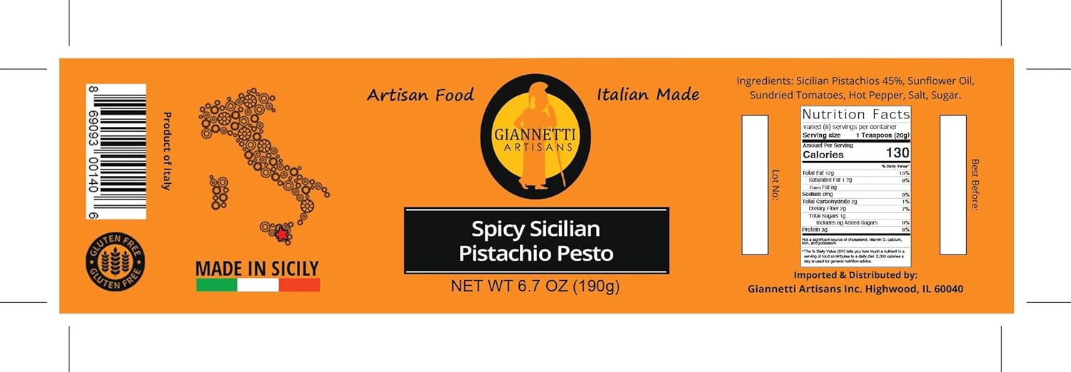 Giannetti Artisans Sicilian Pistachio Pesto - Plain & Spicy - Imported from Italy (Spicy, Single)