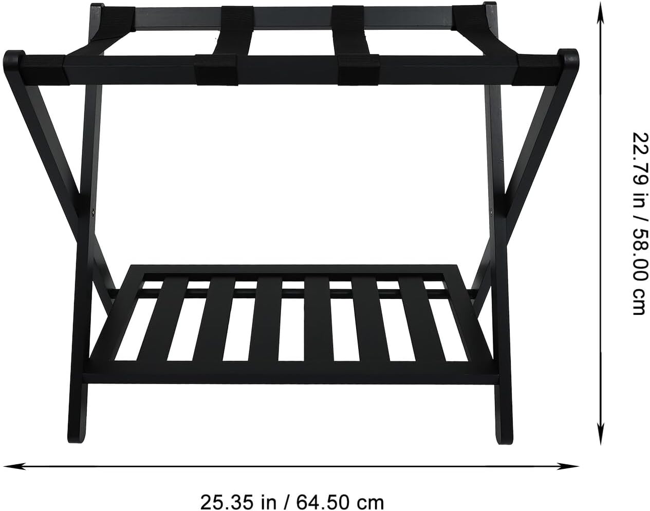 Black Foldable Solid Wood Luggage Rack Double-layer Storage Shelf Home Organizer for Bedroom and Hotel Guest Use