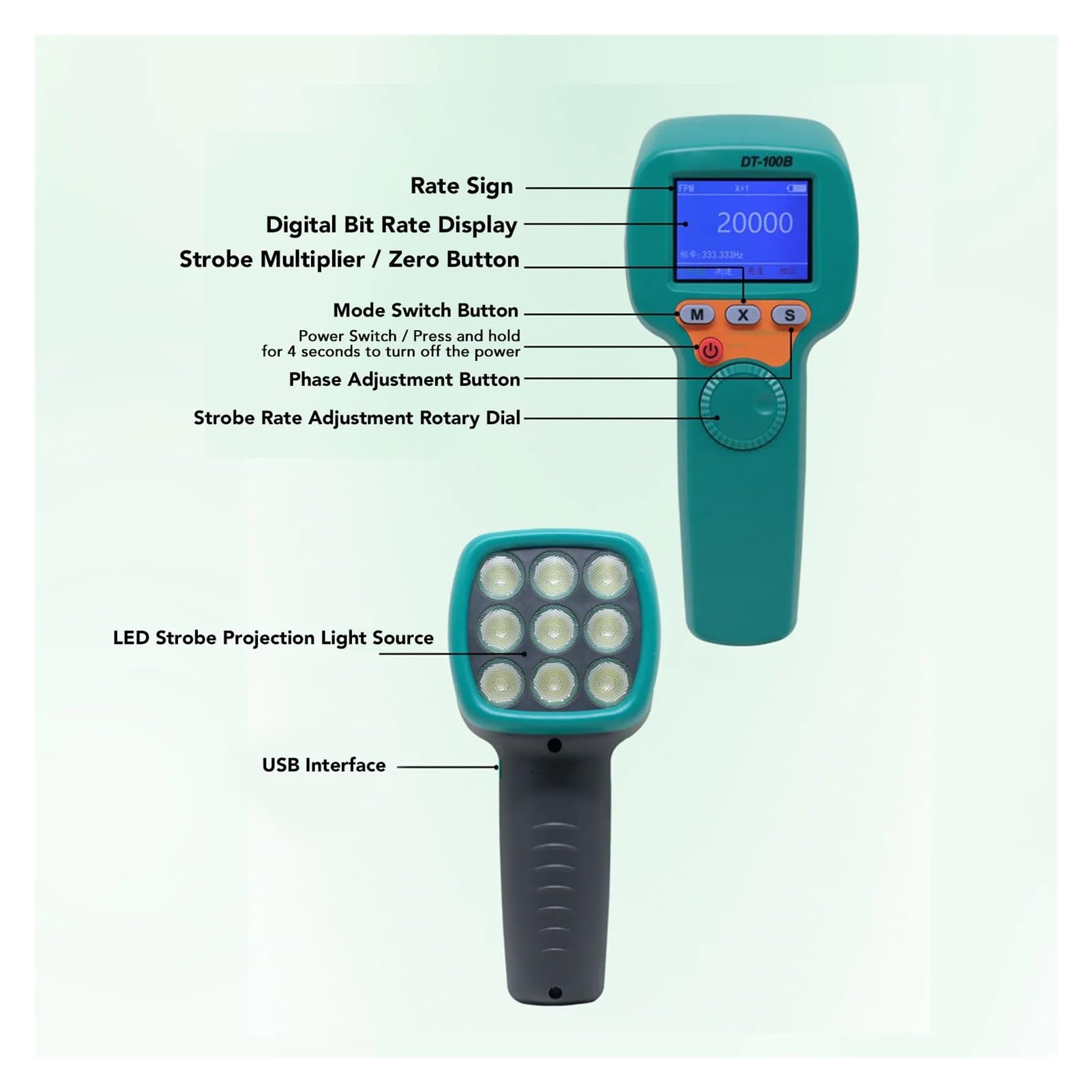 Estroboscopio Digital de mano DT100B, tacómetro estroboscópico con Flash LED recargable, velocímetro de 60 a 999999 RPM, 1500LX Alta Luminancia