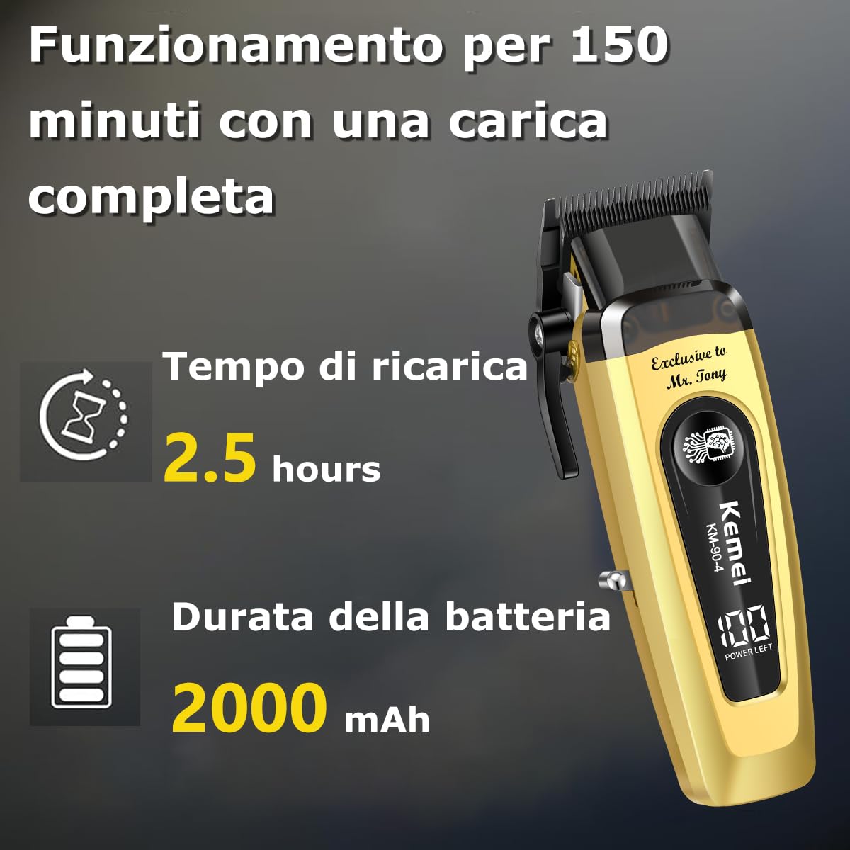 KEMEI 90-4 - Tagliacapelli professionale da uomo, 11500 giri/min, con display LED, tagliacapelli senza fili con lama DLC e base di ricarica, tagliacapelli da 2000 mAh per barbieri