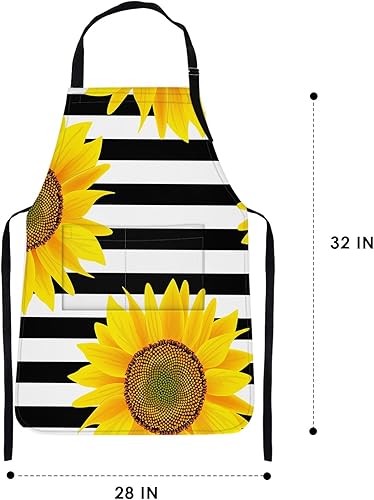 Miniatura 2 de Britimes Delantal de cocina para el hogar, cocina, horneado, jardinería para mujeres y hombres con bolsillos, girasoles a rayas, flores blancas y
