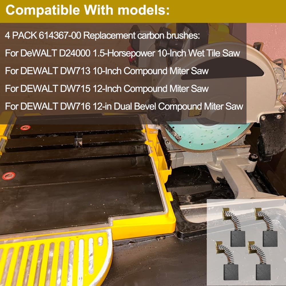 614367-00 Replacement Miter Saw carbon brushes & lead for DeWALT DW713, DW715, DW716 D24000 Compound Miter Saw, replaces 5140024-30, 0502025007, 999044 TILE SAWS brushes(4 PACK)