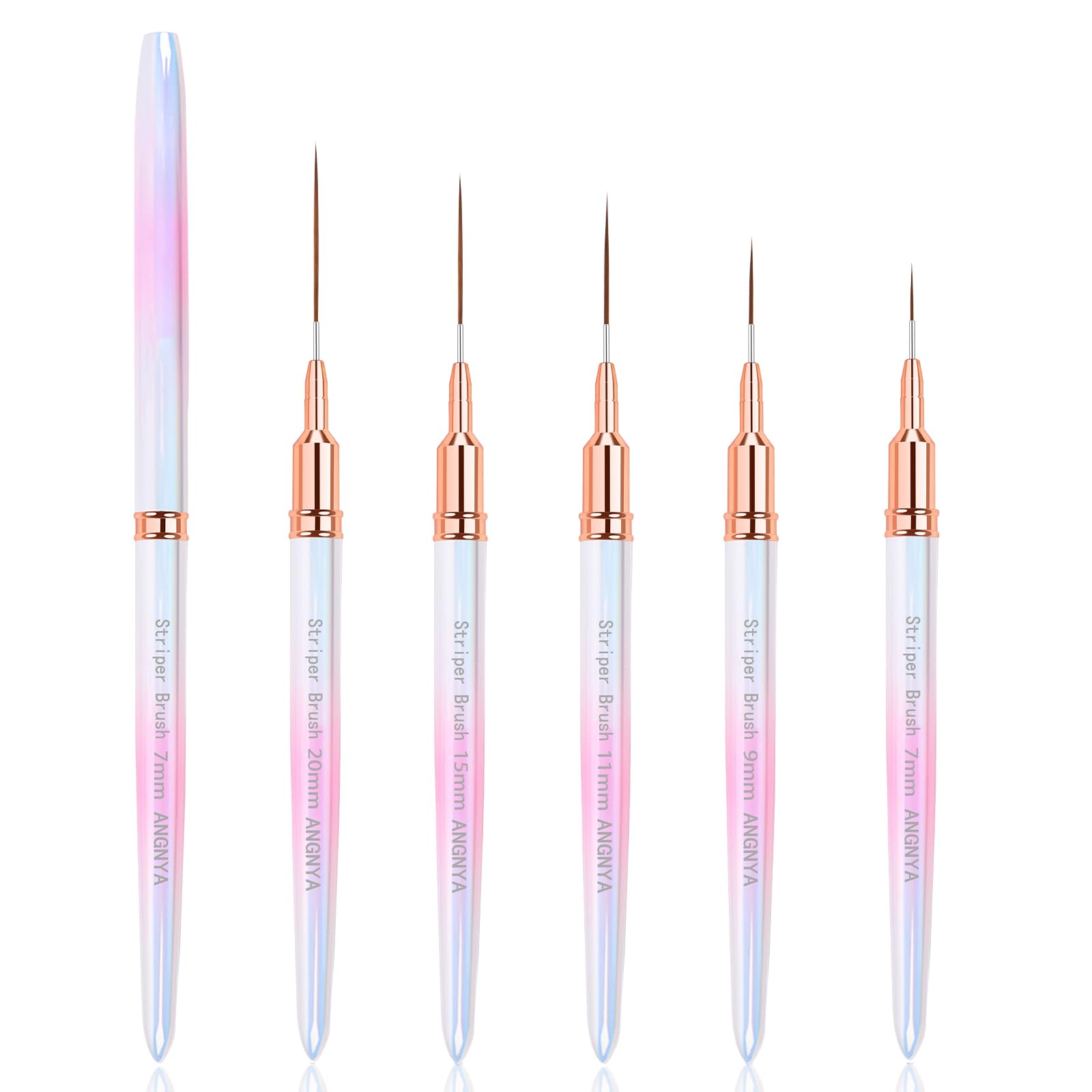 Pinceles para Uñas Fino con Tapa 7/9/11/15/20mm, Pincel de Gel Semipermanente para Línea Profesional, Kit Manicura Set Pintura Liner para DIY Casa Salon Rosa