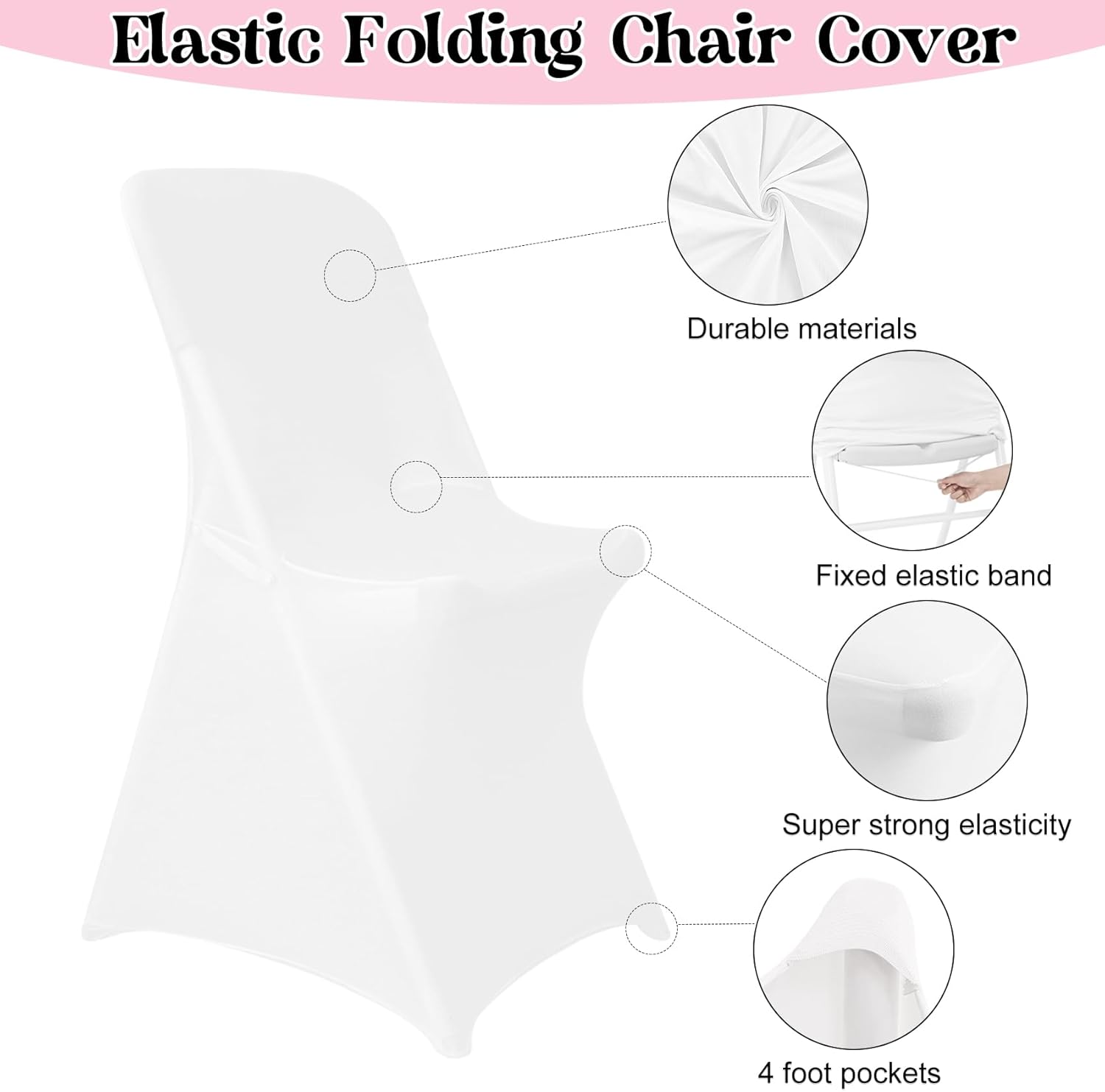 HAISIWLKJ 50 Sets Stretch Spandex Folding Chair Cover White and Satin Bows Chair Sashes Ribbon Ties, Washable Chair Slipcovers for Wedding Banquet Party Baby Shower Events Dining Decoration(Pink)