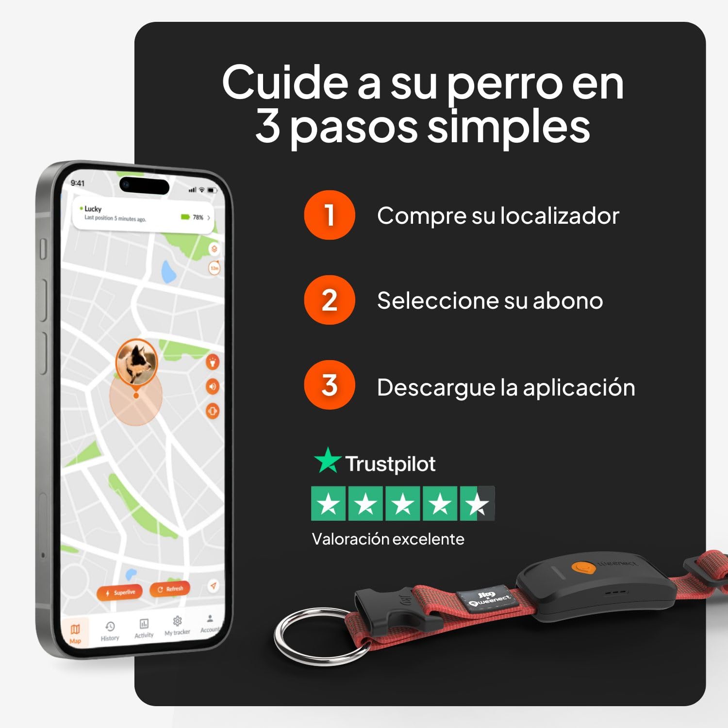 Weenect Dog XT - Nuevo Collar GPS para Perros | Antena XL | Impermeable | Collar Rojo Ultra-Resistente Integrado Julius-K9 | Garantía de por Vida | Suscripción requerida