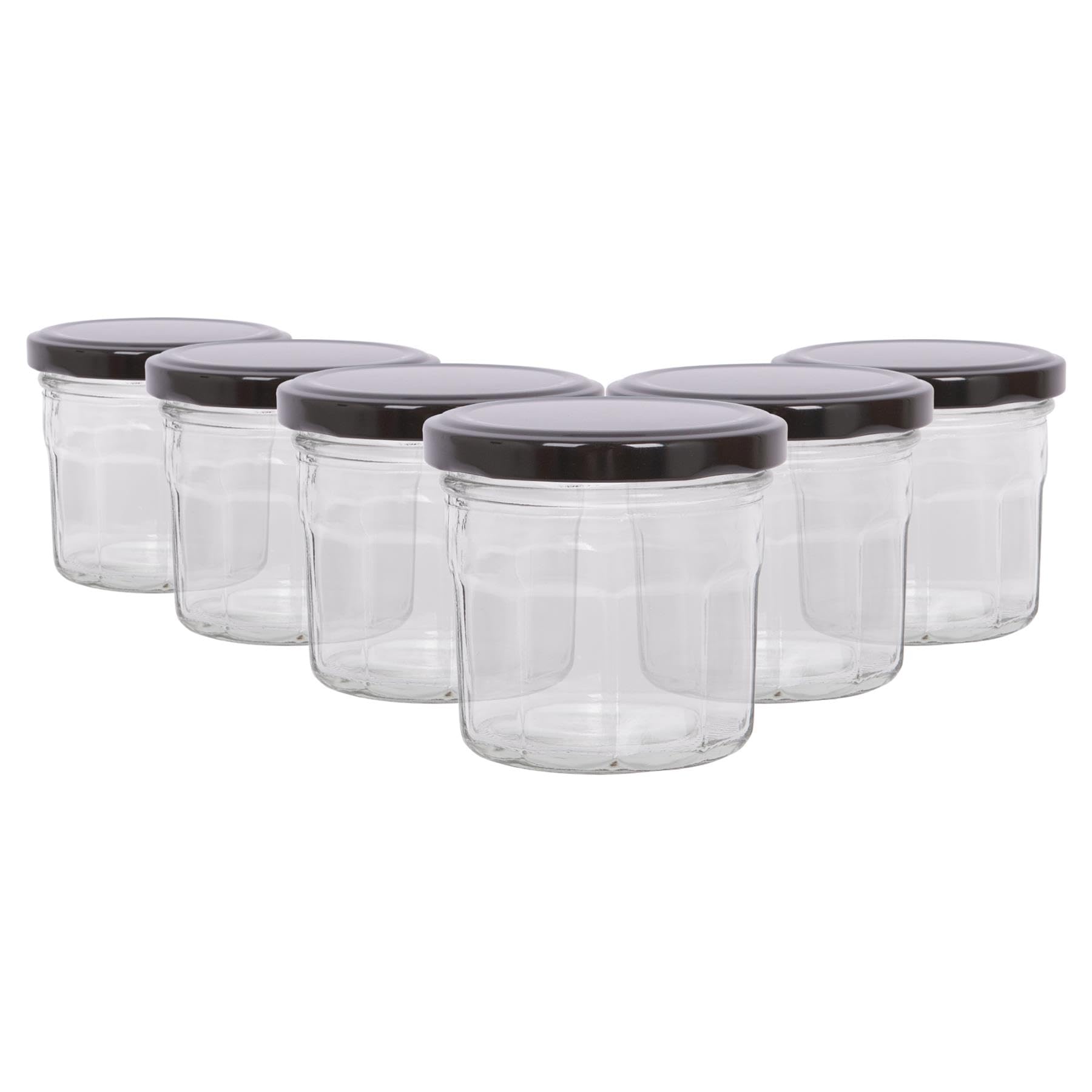 Argon Tableware Black Lid Glass Jam Jars With Airtight S - 130Ml - Pack Of 6 - Empty Screw Top Kitchen Storage Jar For Food, Honey, Spice, Pickling, Preserving, Candle Making