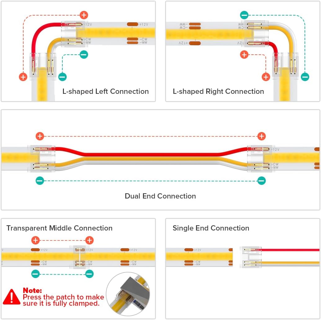 BTF-LIGHTING FCOB 10mm 3PIN Connector Kit for COB CCT (V+ CW WW) LED Strip Lights,L-Shaped/Dual-End with Wire/Gapless/Strip to Wire/3PIN JST Connector,3 Conductor 22AWG Wire - Image 4