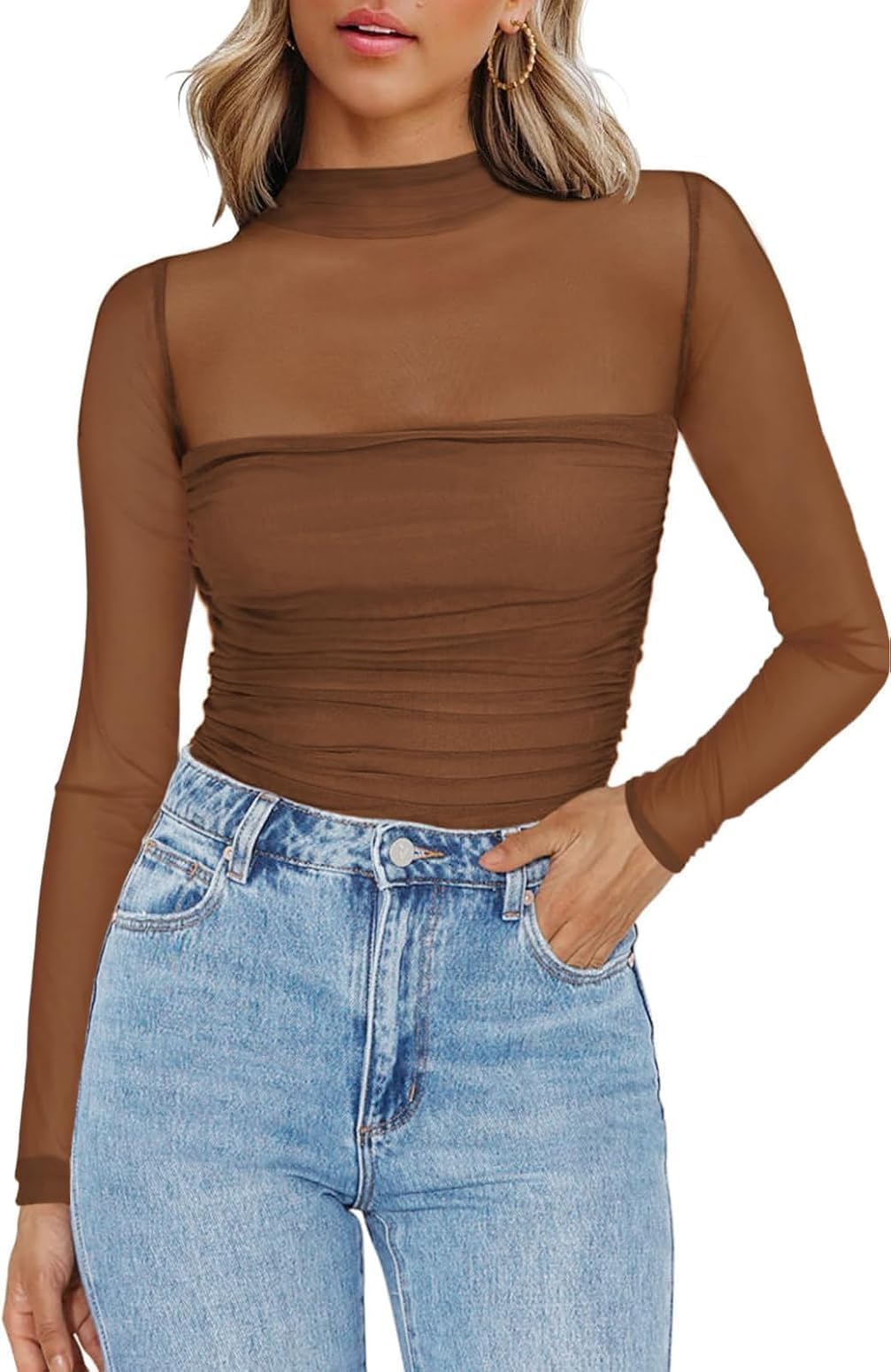 Zeagoo Mesh Oberteil Damen Transparentes Tshirt Rundhal Netz Shirt Langarm Sexy Party Tops Slim Fit Langarmshirt Clubwear