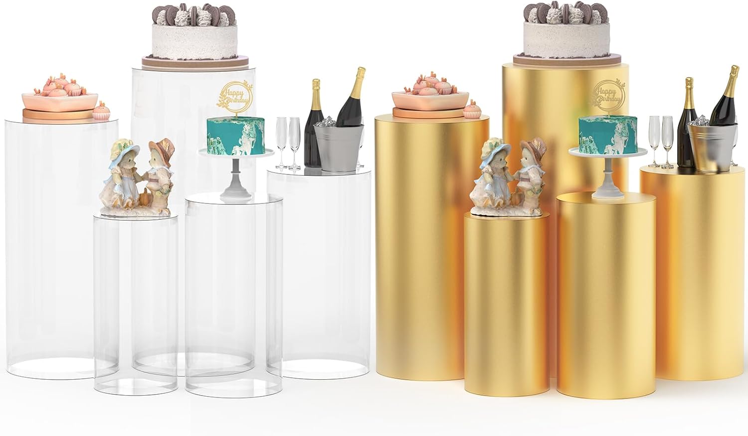 Set of 5 Clear Cylinder Pedestal Stand with Covers, Cilindros para Fiestas Redondos Blancos, Acrylic Cylinder Stands and Cover Set for Party Wedding Birthday Baby Shower Event Decor Display