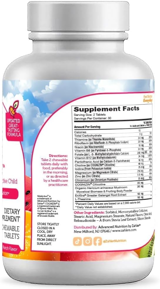 Zahler KidsActive, Kids Chewable Concentration Formula, All Natural Children’s Supplement Supporting Focus, Certified Kosher, 180 Fruit Punch Flavored Tablets - Image 4