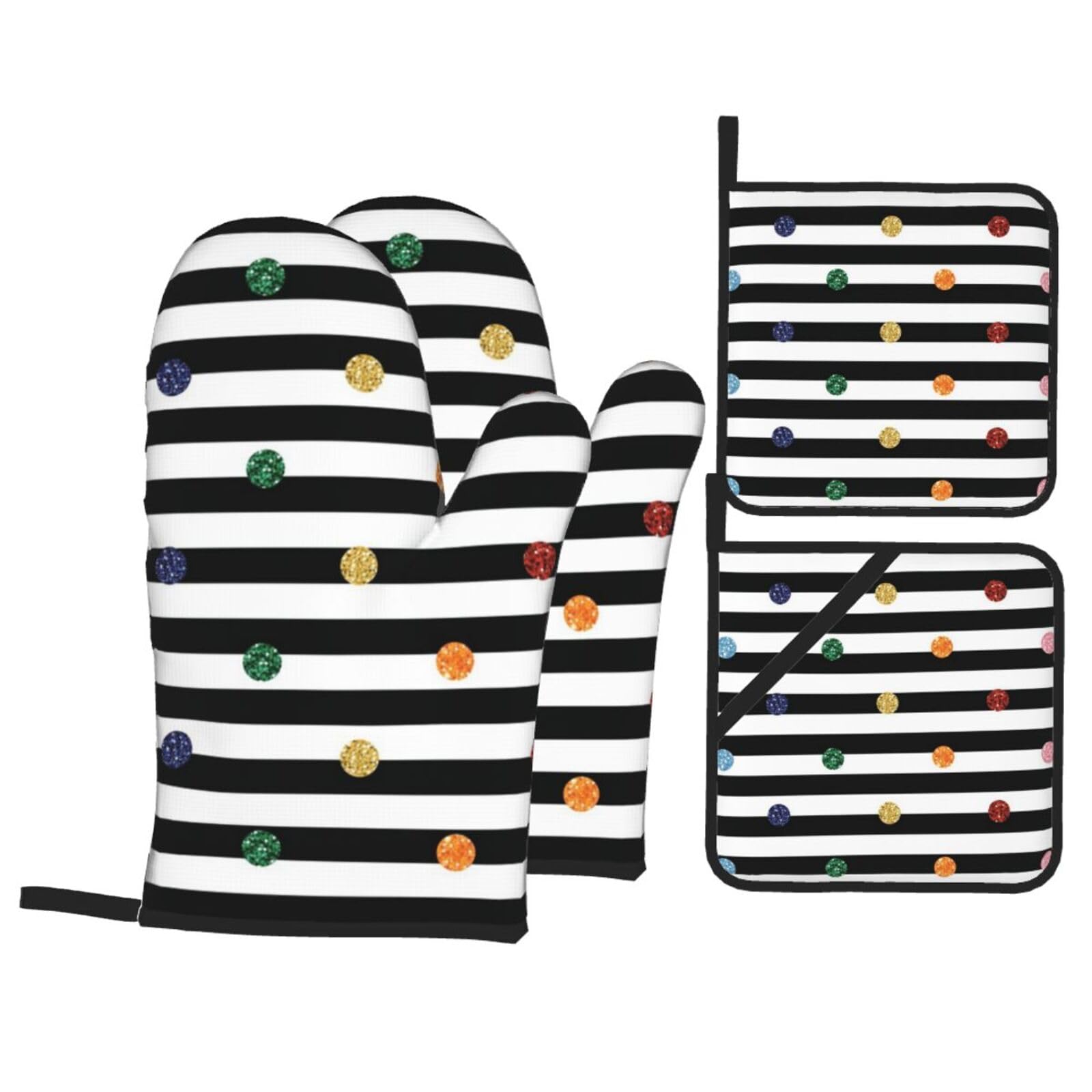 Rainbow Polka Dot Stripe Black And White Print Stylish Heat-Resistant Oven 4-Piece Set Kitchen Gloves Roasting Daily Cooking