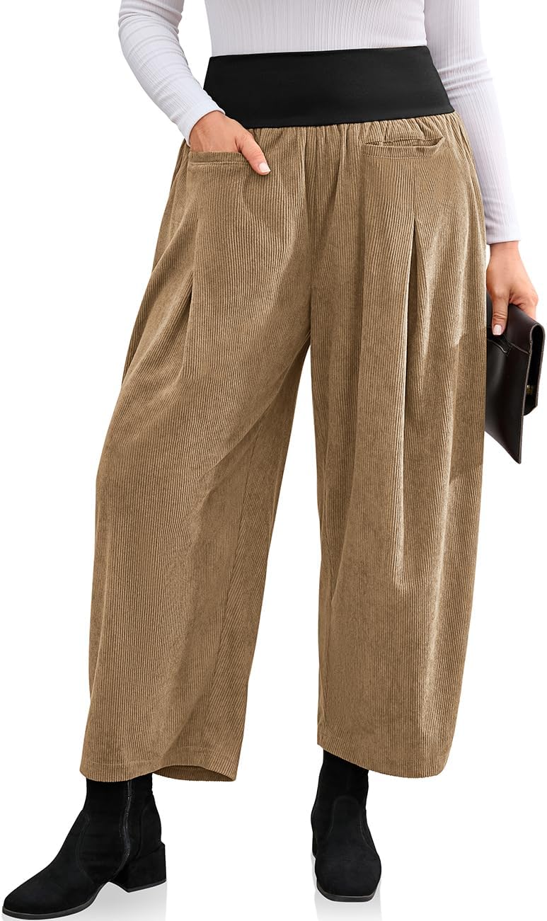 TARSE Womens Corduroy Harem Pants Casual Elastic Waist Wide Leg Pants Boho Loose Fit Baggy Trousers with Pockets