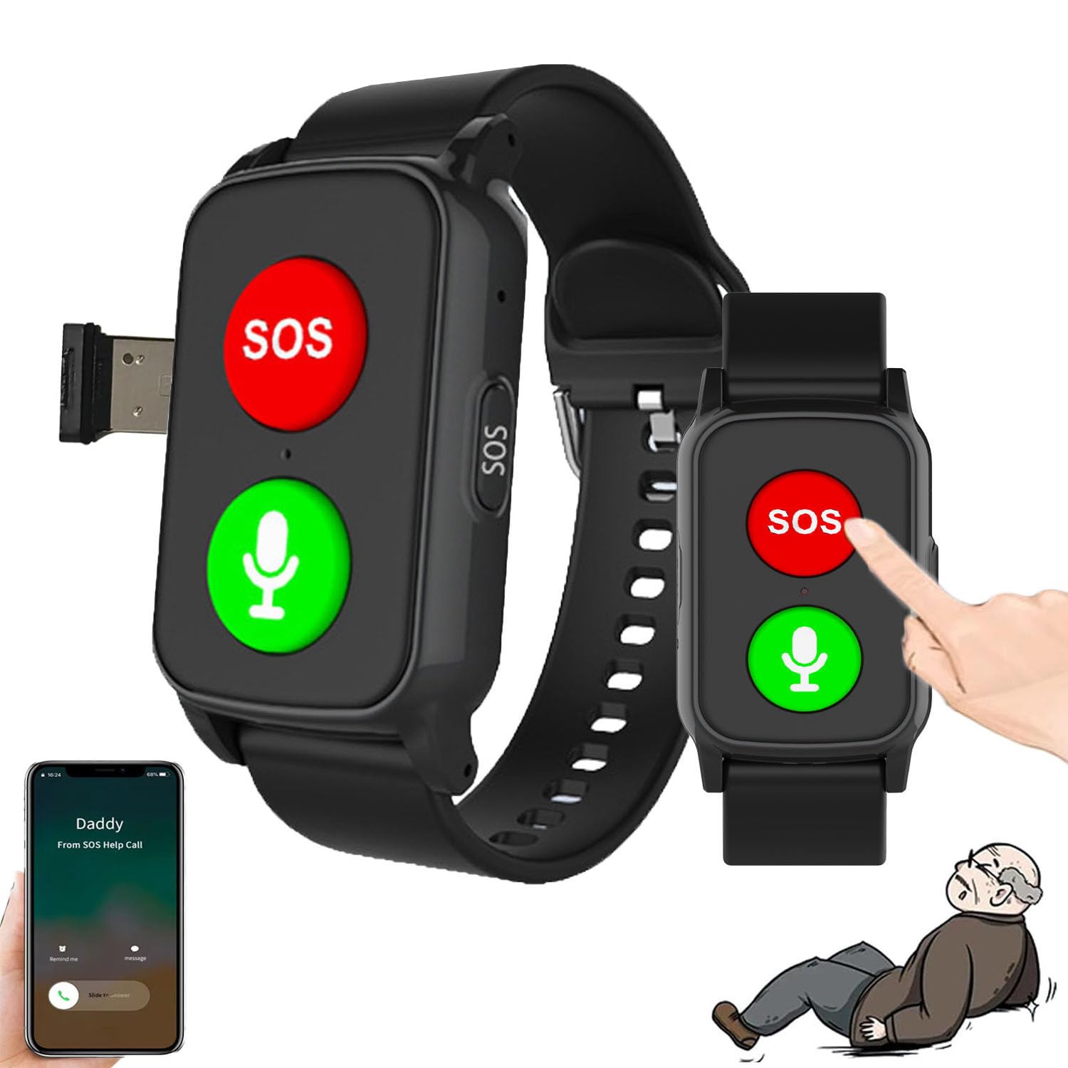 Orologio Anticaduta per Anziani, Pulsante SOS,Braccialetto Con Localizzazione GPS,Impermeabile Ip67,Con Misurazione Della Frequenza Cardiaca E Della Temperatura,Per Pazienti Affetti Da Demenza Black