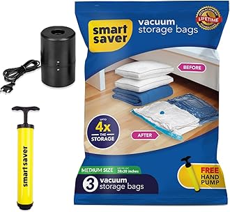 Sponsored Ad - Smart Saver Plastic Vacuum Compression Bags|Vacuum Storage Bags|Vacuum Bags For Travel|Space Saver Vacuum Bags(3Medium + Electric And Manual Pump),White