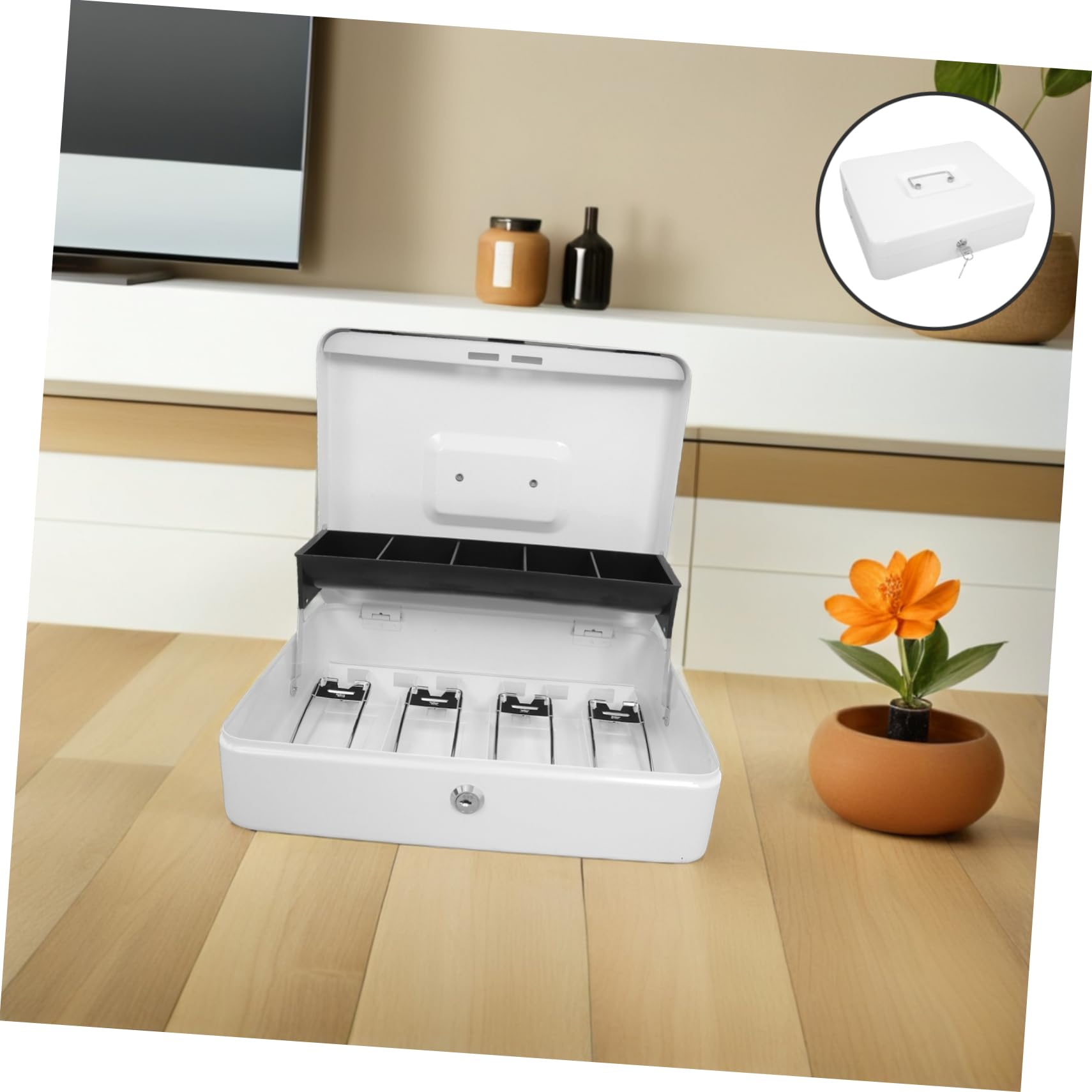 Veemoon Caja de Caudales con Llave de Metal para Almacenamiento Seguro Caja de Seguridad Pequeña para Dinero Organizador con Cerradura para Comercios Hostelería y Oficinas