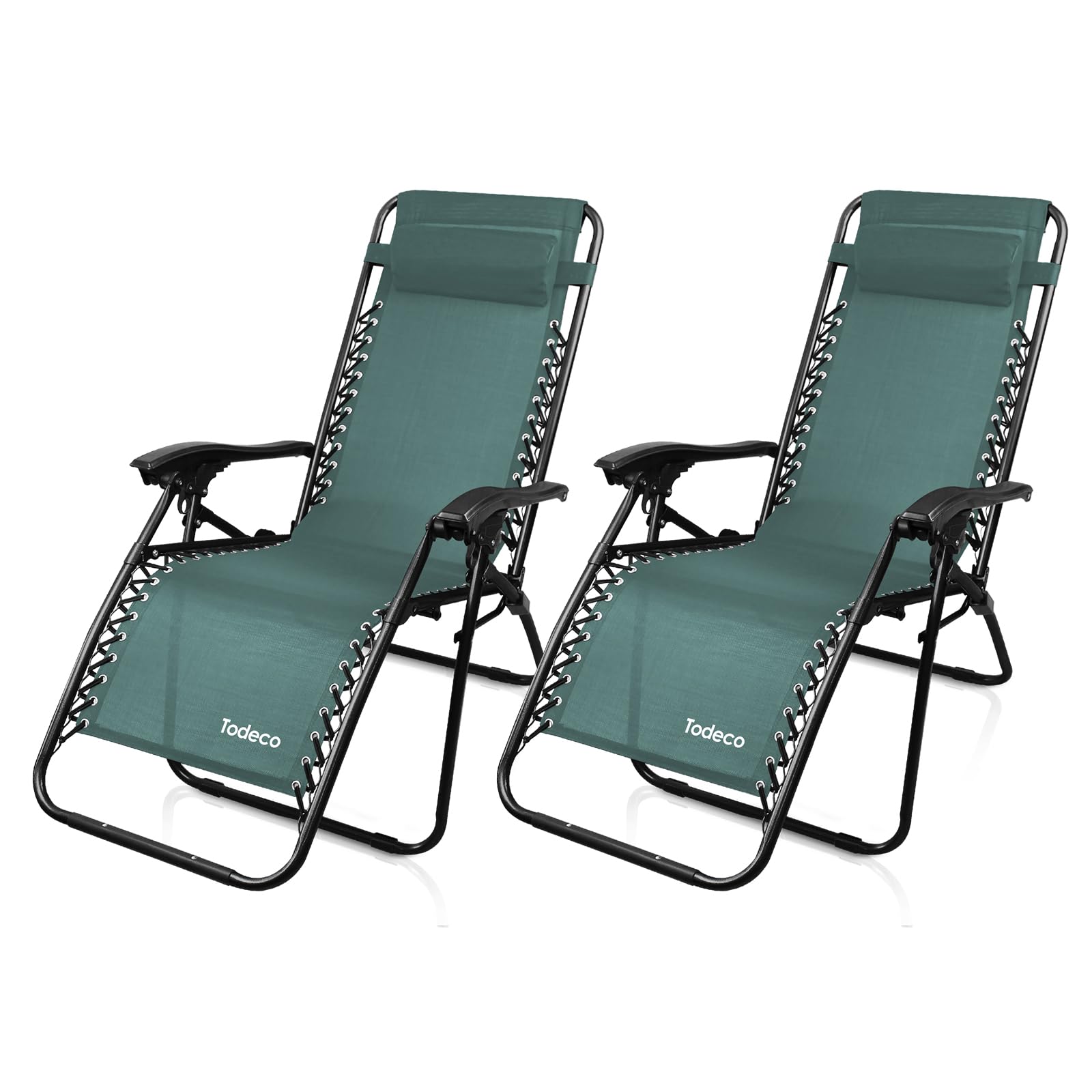 Todeco Chaise Longue Transat Jardin Plein Air, Transat de Plage Pliable, Bain de Soleil avec Repose-​tête, d'accoudoirs Réglables, Lot de 2 Chaise de Camping en Respirantes Textilène, Vert