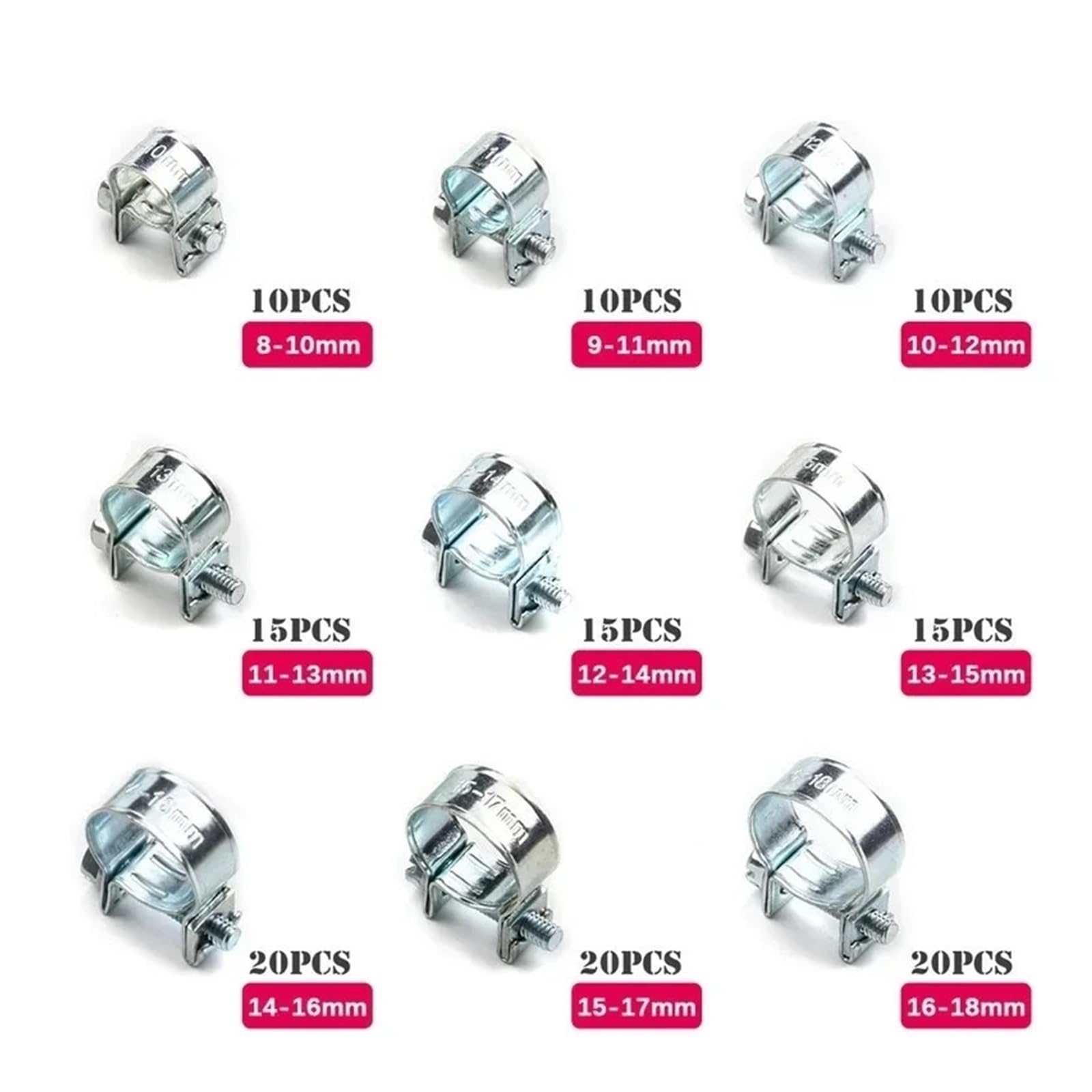 60-135 Uds Abrazadera De Manguera Doble Oreja 8-18mm Tornillo Sin Fin Abrazaderas Tubería Agua Combustible Clips Kit Surtido