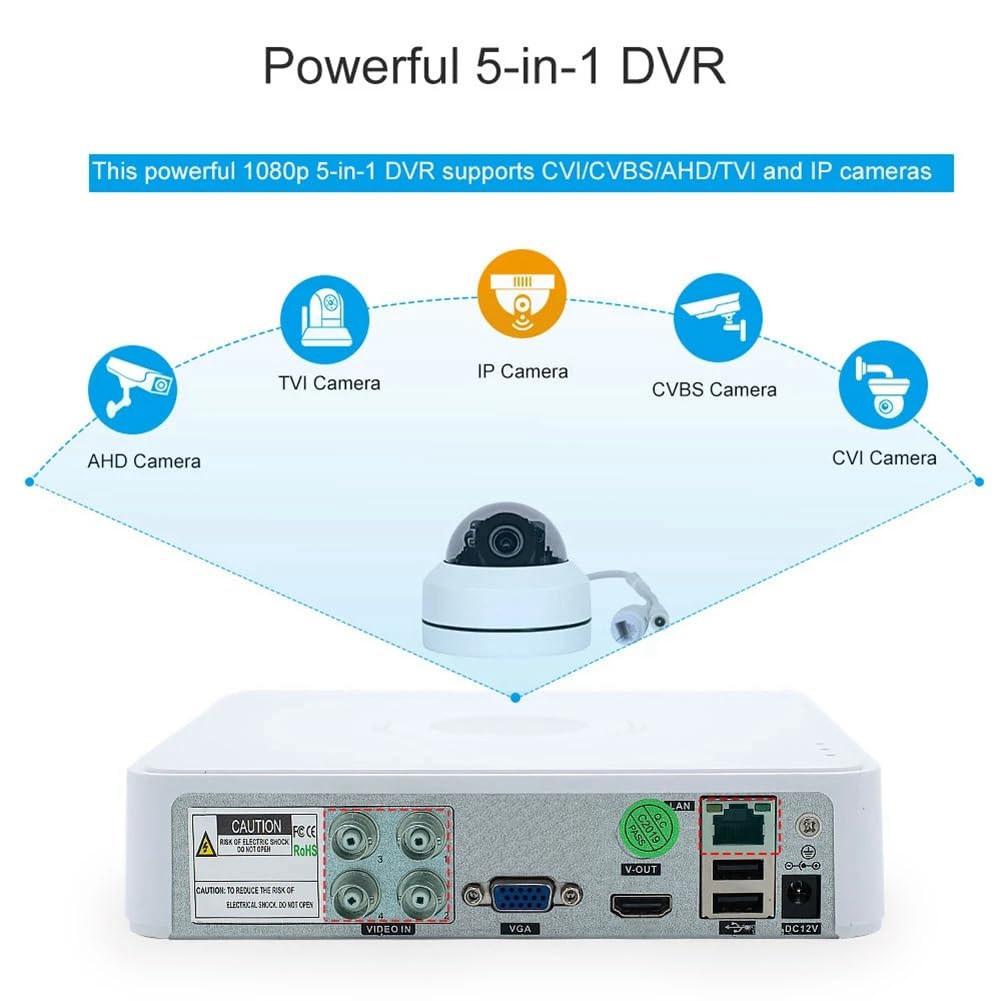 Hybrid DVR CCTV 4CH 5M-N Audio via coassiale per 5MP 12,5Fps 1080P 720P TVI CVI CVBS, telecamera IP, spina europea, facile da usare