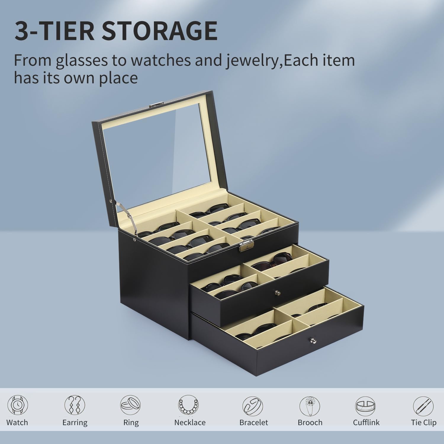 AUTOARK Leather 24 Piece Eyeglasses Storage and Sunglass Glasses Display Drawer Lockable Case Organizer,Black,AW-095