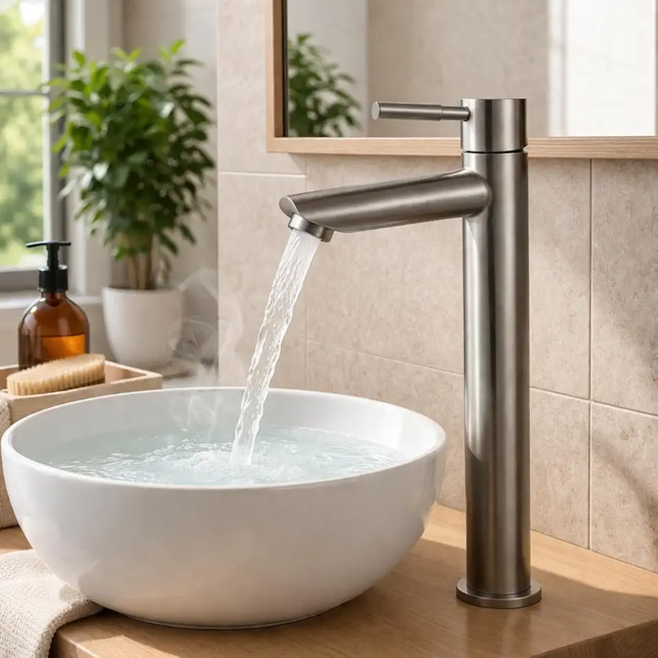 Torneira Para Banheiro De Mesa Bica Alta Bancada 1/4 De Volta Aço Inox 304 Luxo (Aço Escovado)