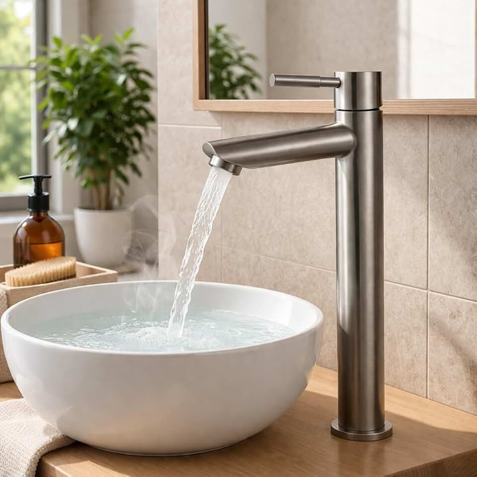 Torneira Para Banheiro De Mesa Bica Alta Bancada 1/4 De Volta Aço Inox 304 Luxo (Aço Escovado)