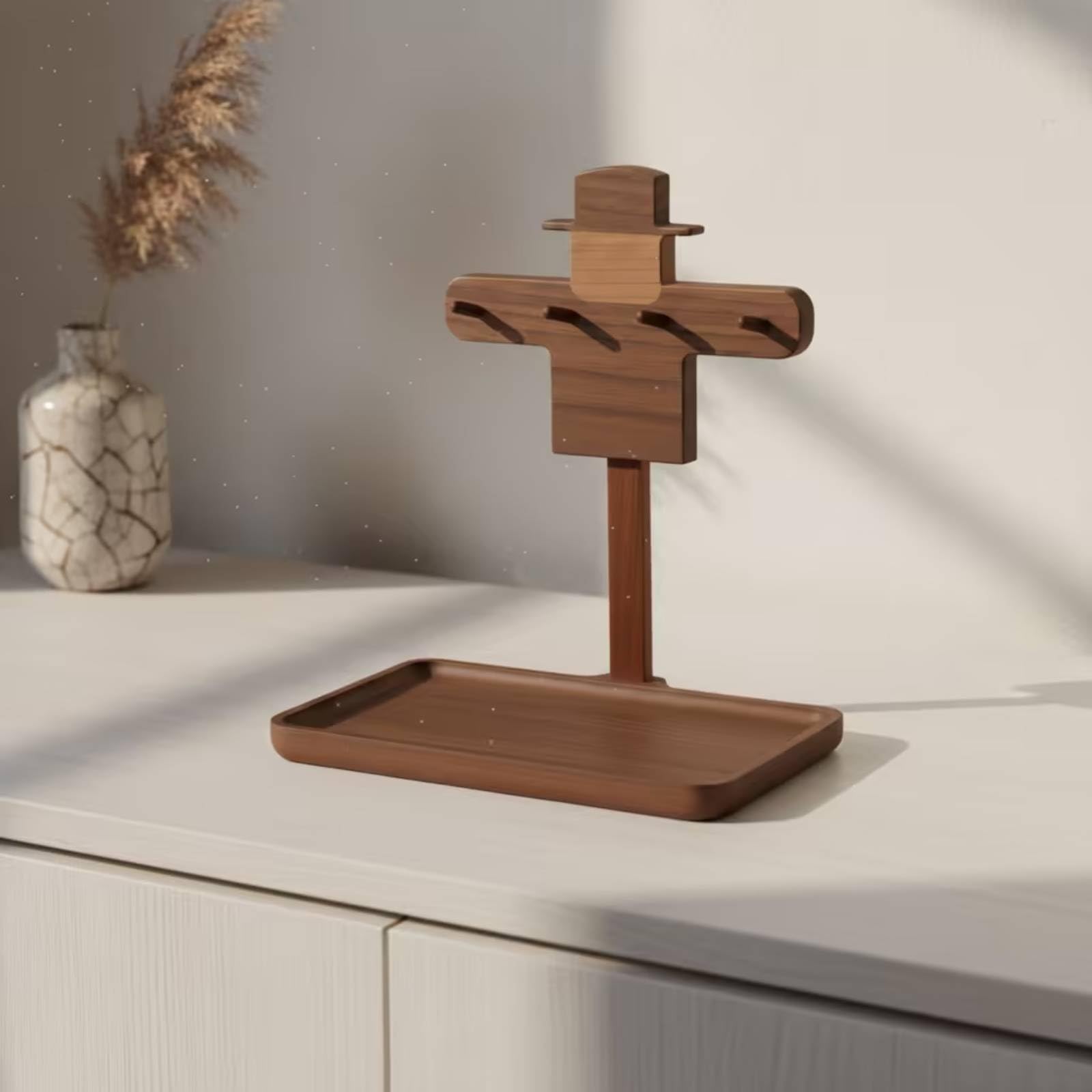 Key Organizer Tray Portachiavi Supporto Vassoio Base Organizzatore Svuotatasche Figura Spaventapasseri in Legno con Appesi Design Compatto in Wengé