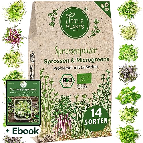 Sprossen Samen Microgreens Starter Set BIO - 14 Sorten BIO Sprossen zum selber züchten Microgreens Samen und Keimsprossen Keimsaat - Probierset für Sprossenglas & Kressesieb (inkl. Ebook)