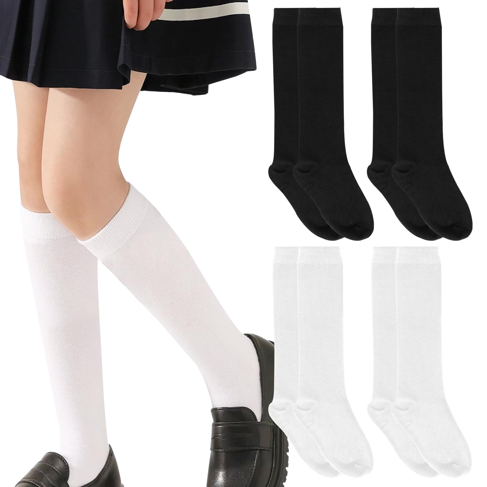 WiseJoy 4 piezas calcetines hasta la rodilla, Colegio Escolares Medias Largos Altos Algodón para Uniforme y Deporte, Calcetines Altos Niños, Medias de Algodón para Mujer Unisex