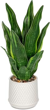 DILATATA Artificial Snake Plant 17 Inch Faux Snake Plant in Ceramic Pot with Sandstone Gravel, Fake Green Indoor House Plant for Modern Home Decor, Window, Shelf - Mother in Law Tongue Plant - Green