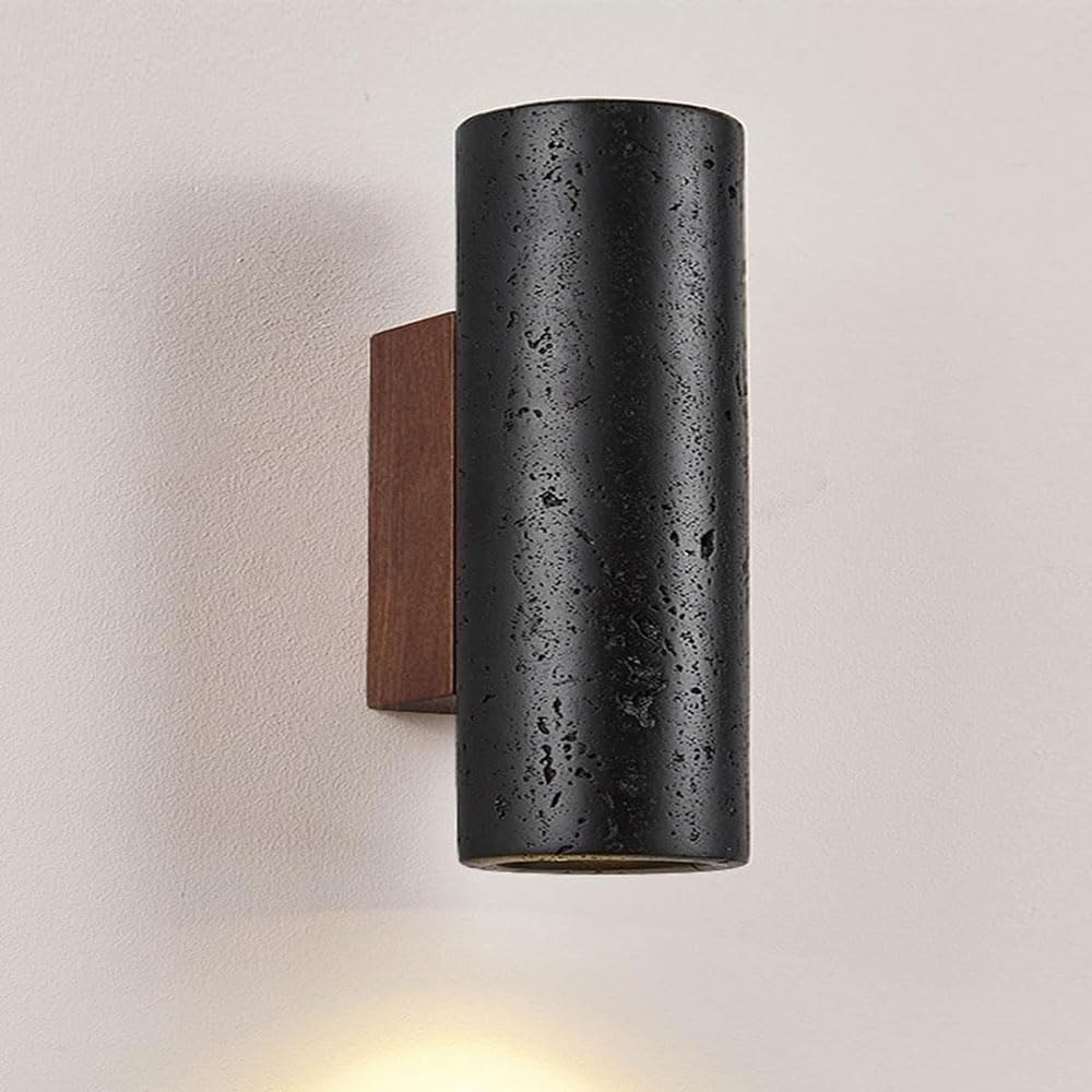 SSBHDM 6.3 Inch Cylindrical Black Travertine Wall Sconce, Modern Industrial Style Wall Light, Hardwired Natural Stone Wall Lamp, Living Room and Bedroom Restaurant Decoration Lighting Fixtures