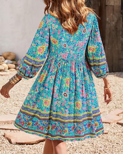 Image of BTFBM Women Casual Spring Summer Dresses V Neck 3 /4 Long Sleeve Ruffle Floral Flowy Boho Babydoll Mini Short Beach Dress