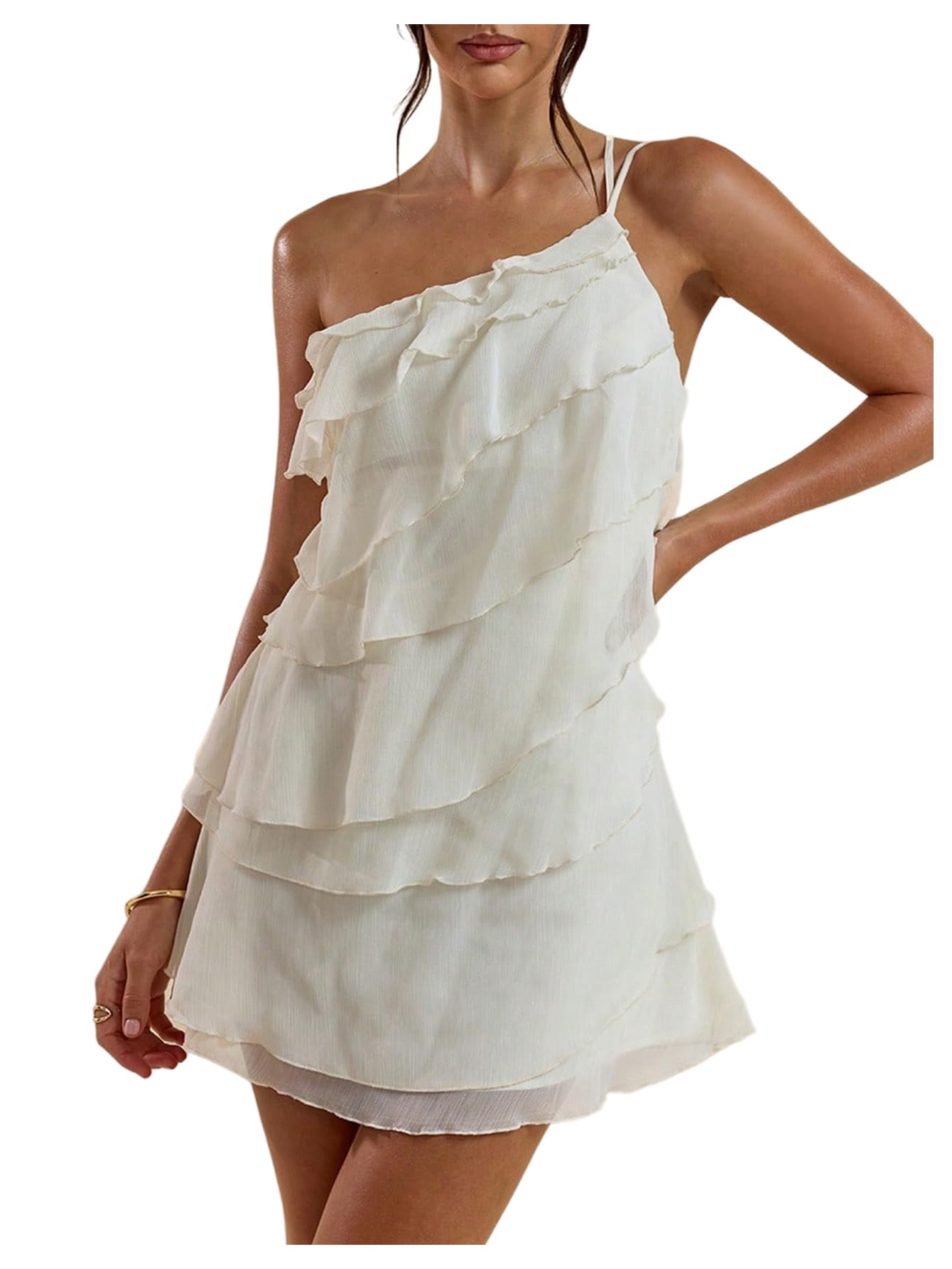 SOLY HUX Women's Mini Dress One Shoulder Ruffle Mesh Dresses Layered Backless Vacation Party Sundresses