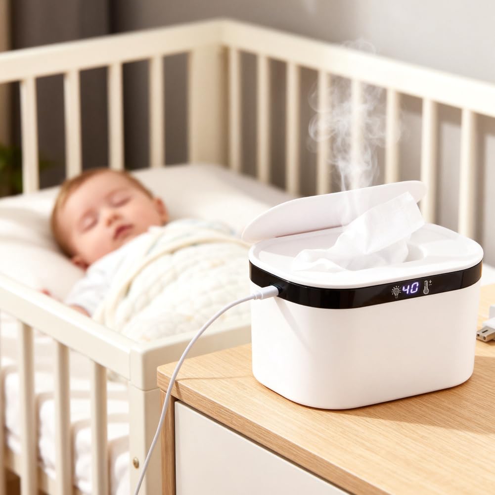 Feuchttuch Wärmer, Feuchttuchwärmer mit 3 Heizstufen und LED Nachtlicht, Baby Wischtuchwärmer für 120 Tücher, USB, Konstanttemperatur, Schnell Erwärmender Wipes Wärmer für Zuhause Unterwegs