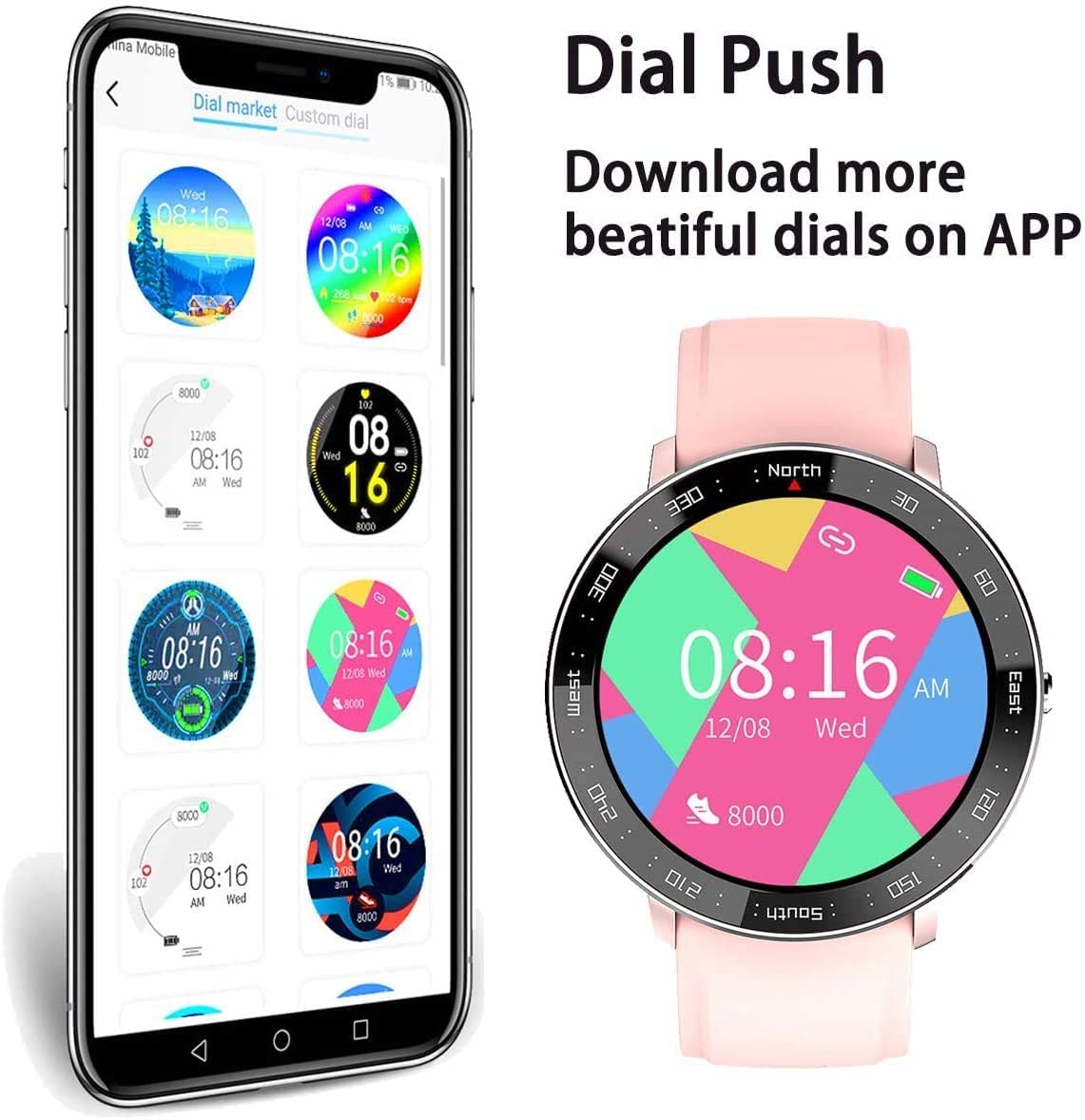 Inteligentny zegarek, wysokiej klasy modne zegarki męskie i damskie, sfigmomanometr, telefon komórkowy Bluetooth 5.0, telefon synchroniczny, Wechat (różowy)