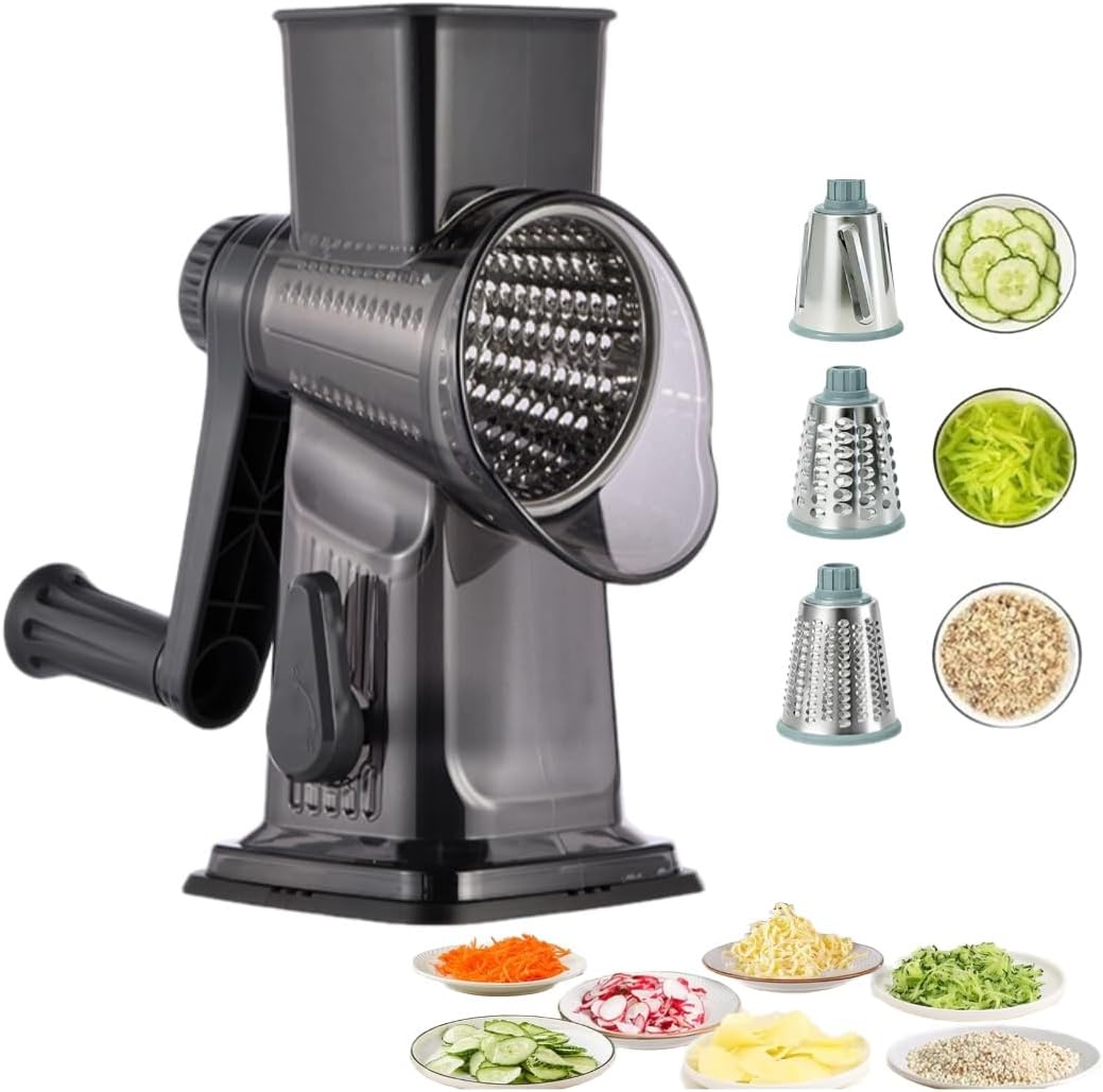 Rotary Cheese Grater Hand Crank, 3-Blade Vegetable Slicer & Shredder with Strong Suction Base, Manual Cheese Grater for Cheese, Carrots, Potatoes, Chocolate – Multifunction Kitchen Food Grater(Black)