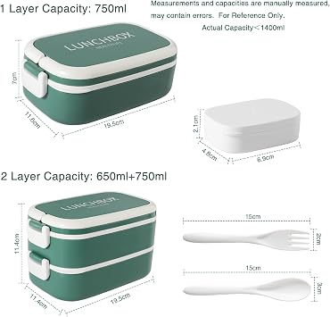 Bento Lunch Box Stackable,1400ml Containers with 4 Compartments and Cutlery, Leakproof 2 Layer Boxes, for Adults Kids Office, Microwave Dishwasher Safe (Green)