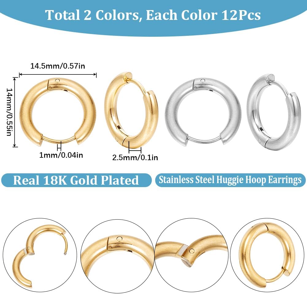 SUNNYCLUE 1 Box 12 Pairs 2 Colors Leverback Earring Hooks Huggie Hoops Real 18K Gold Plated Stainless Steel 14mm Round Lever Back Ear Wires Huggie Hoop Earring Findings for Jewelry Making Supplies
