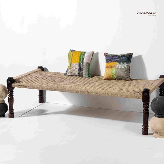 FURNWEAVE Wooden Handwoven Charpai In Pure Jute Rope Sheesham Wood