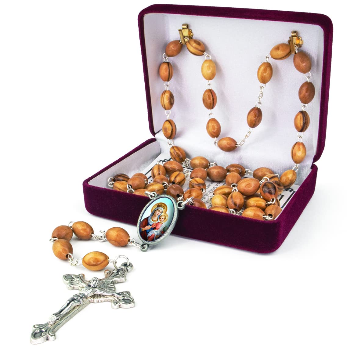 TREE OF LIFE REV. 22:14Wooden Catholic Rosary Necklace from Israel, Olive Wood Rosary Beads with Icon Portrait & Crucifix Cross Pendant, Confirmation & Communion Rosaries for Men & Women