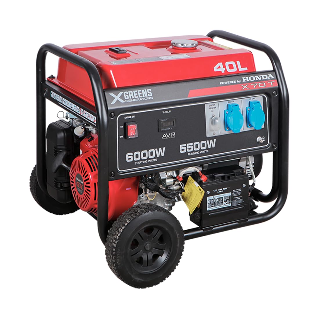 Generador de corriente (gasolina) X70T (máx. 6.000 W, depósito 40 l, AVR, Powered by Honda, ruedas, alerta aceite, trifásico, 2 tomas 230 V, protección térmica y panel digital)