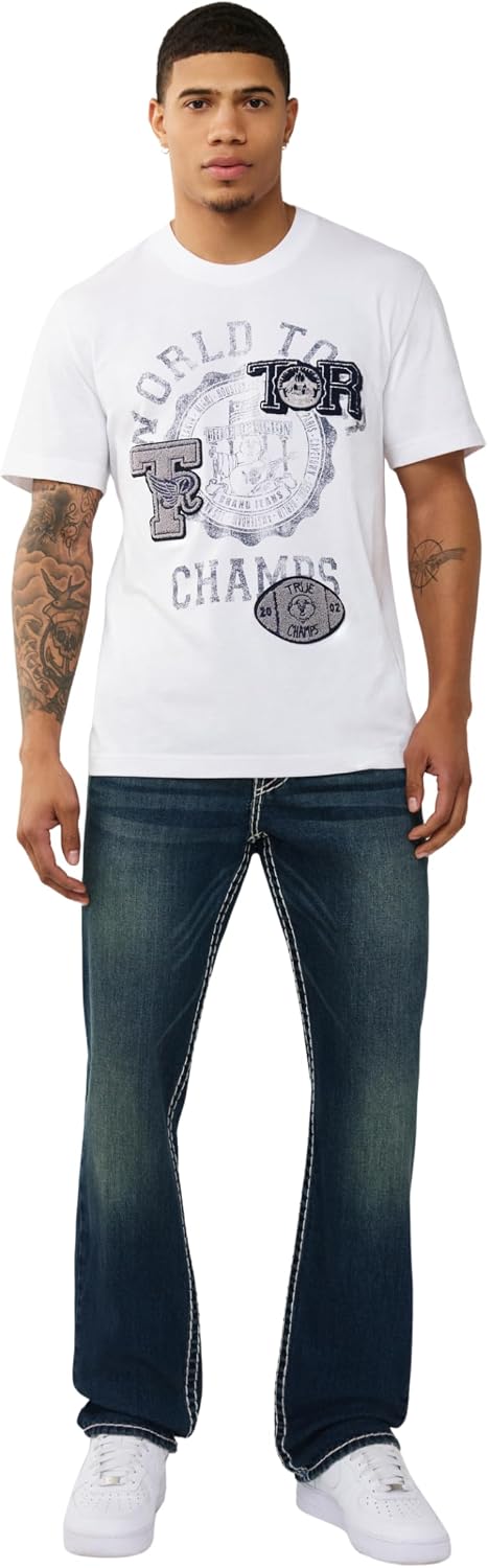 True Religion SS World Tour Champs Tee – Men’s Graphic T-Shirt in 100% Cotton, Crew Neck Short Sleeve Shirt