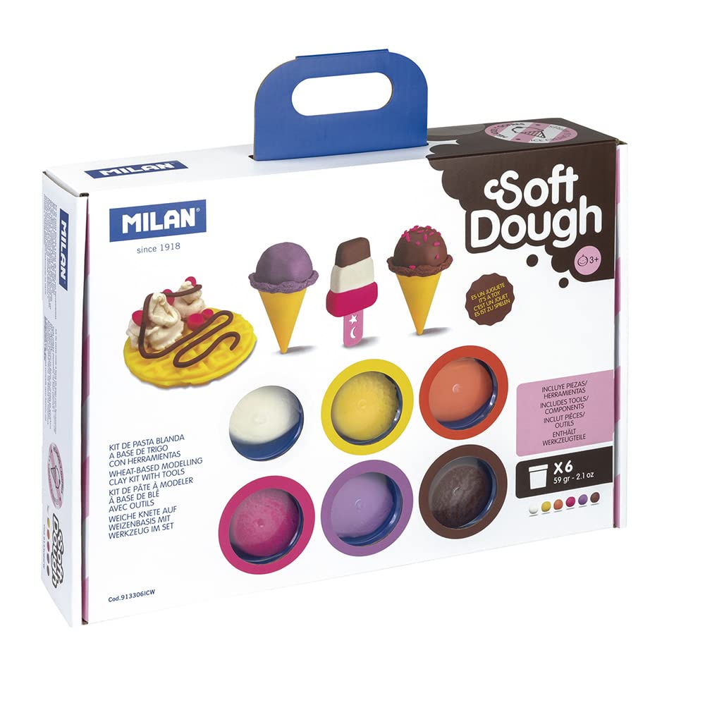 MILAN 913306ICW MALETÍN 6 Botes 59 G Pasta Blanda Soft Dough con Herramientas Helados Y GOFRES, Multicolor