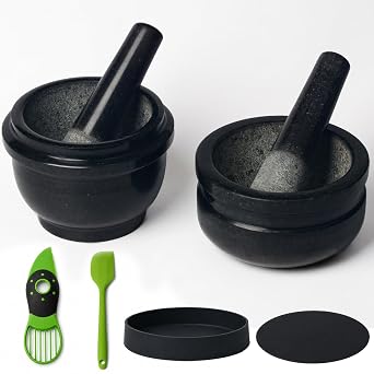 HITROCK Granite Mortar and Pestle 2 Sets, 6 Inch Molcajete Natural Stone Grinder Bowl with Silicone Anti-Slip Base & Handle Protector, for Guacamole, Salsa, Pesto, Spices, 2.3 Cup & 3.2 Cup Capacity