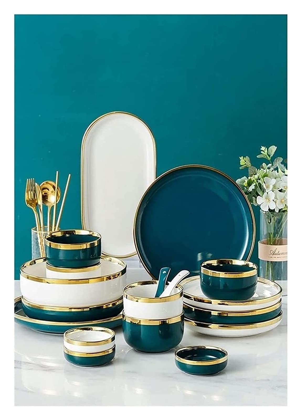 H3TF5J Zestaw luksusowych zastawy stołowej, ceramiczne zastawa stołowa w stylu europejskim, mikrofalowe piekarnik bezpieczne zastawa stołowa, porcelanę kadmu bez ołowiu, zastawa stołowa ślubna