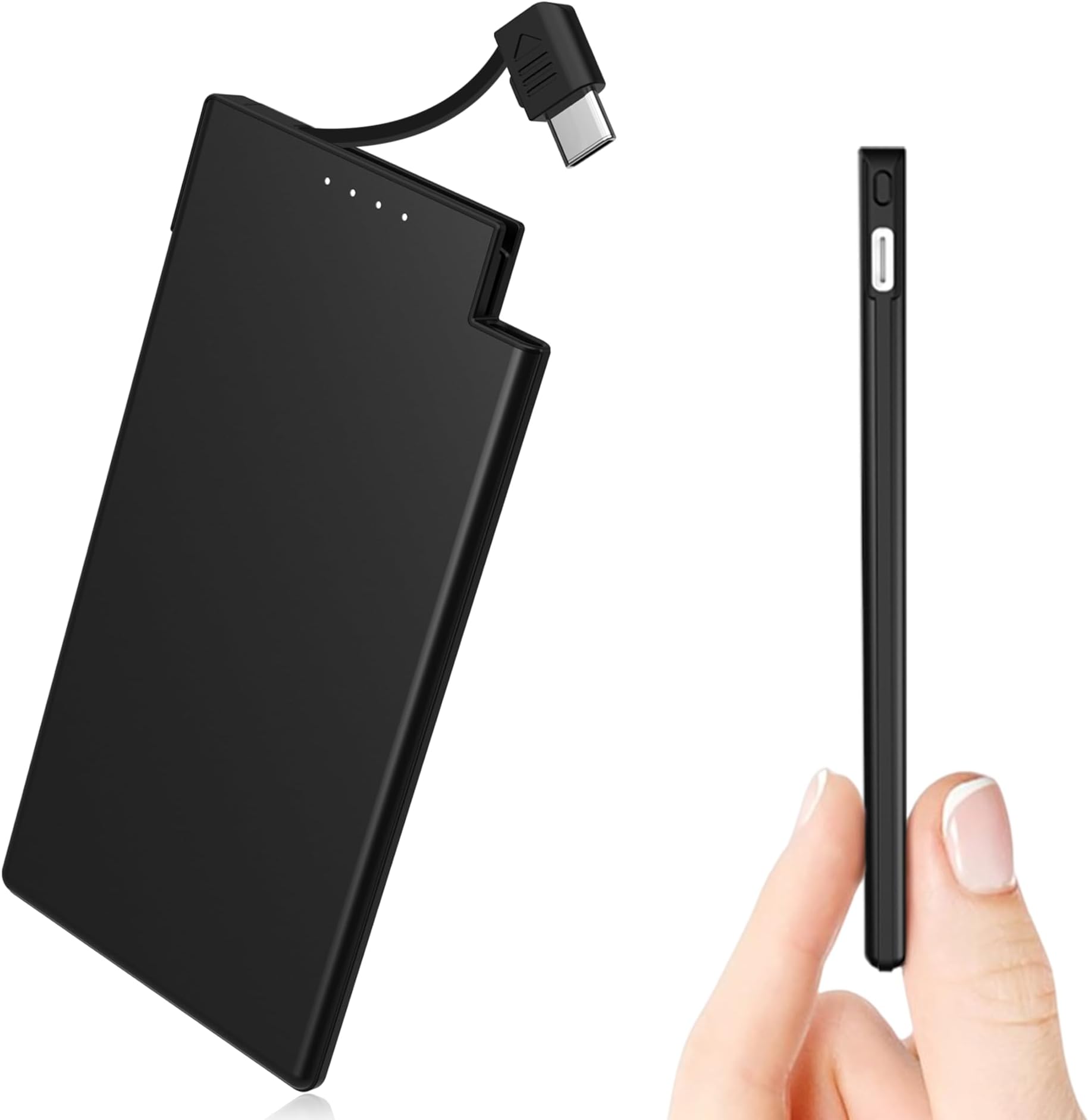 Auskang 5000mAh Power Bank with built-in Type-C Cable, Ultra Slim and Super Lightweight Portable Charger Small External Battery, Compatible with Samsung, Xiaomi, Sony, iPhone 15 Series, etc.- Black