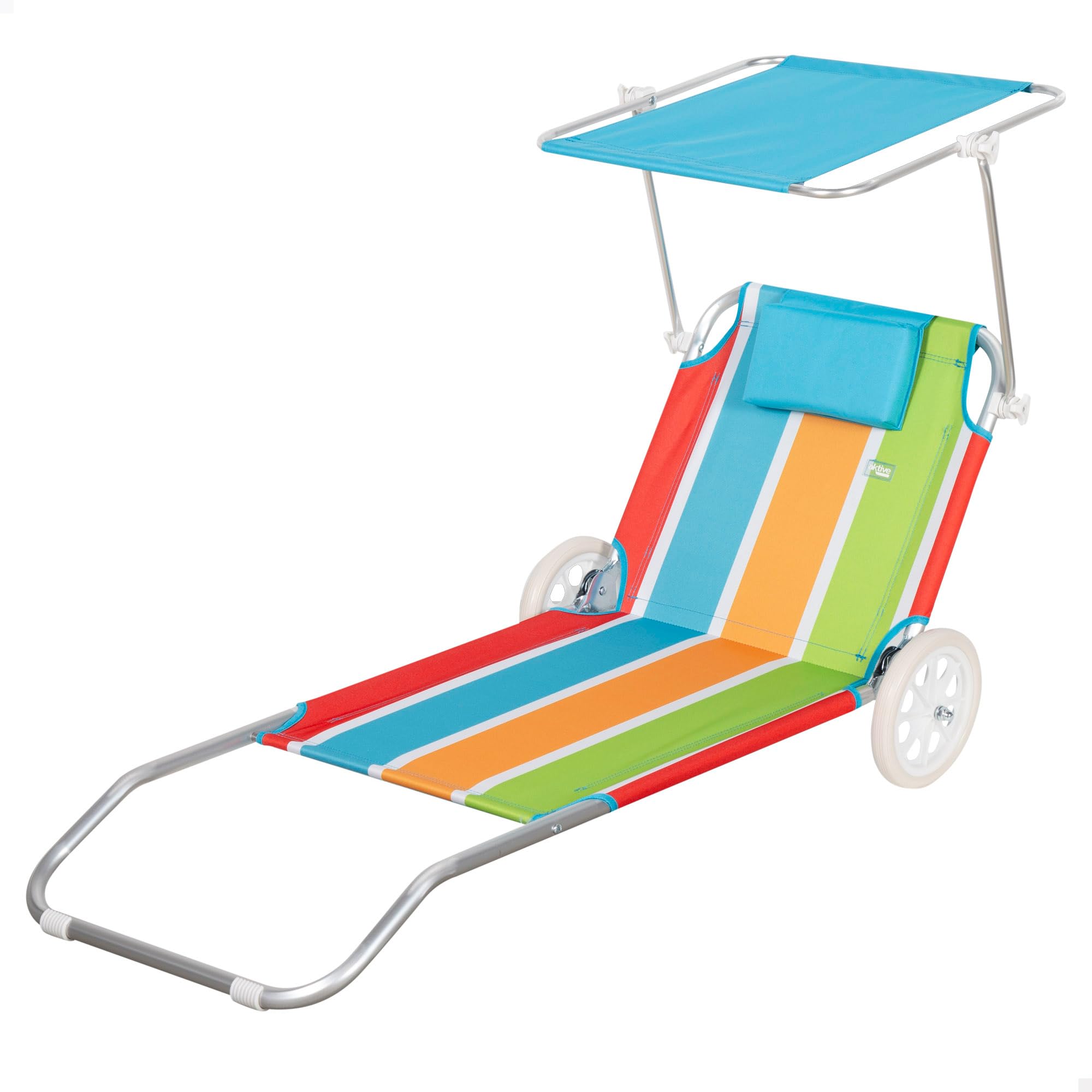 AKTIVE Carrello sdraio da spiaggia, 62x117x62 cm, 2 in 1, Include ombrellone rimovibile, Cuscino imbottito, Tasca in rete, Telaio in alluminio, Tessuto in poliestere